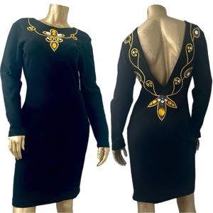 VINTAGE ANDREA JOVINE 100% WOOL JEWEL EMBELLISHED/ EMBROIDERED OPEN BACK DRESS M